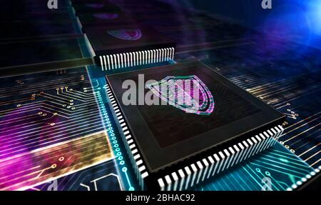 Cyber security. Digital shield, firewall and computer protection technology. Futuristic concept CPU production line abstract 3d rendering illustration Stock Photo