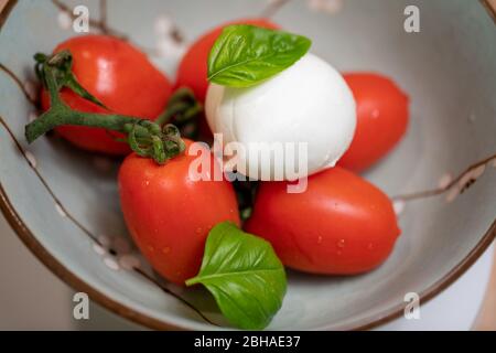 delicious caprese salad ripe tomatoes buffalo mozzarella and basil close-up, traditional italian cuisine Stock Photo