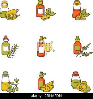 Hair oils RGB color icons set. Hydrolyzed wheat protein. B7 biotin treatment. Herbal rosemary product for haircare. Macadamia, almond nuts extract in Stock Vector