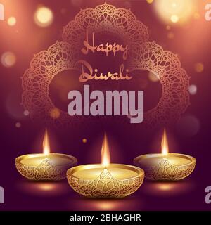 Happy diwali diya oil lamp template. Indian deepavali hindu festival of lights. EPS 10 Stock Vector