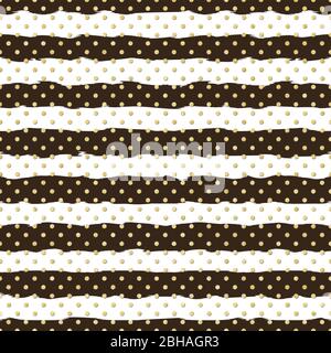 Gold polka dot on trendy background of white and black stripes seamless pattern. Golden foil confetti. Elegant pattern for Christmas background Stock Vector