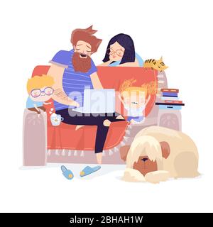 Happy family sitting on the couch with laptop Stock Vector