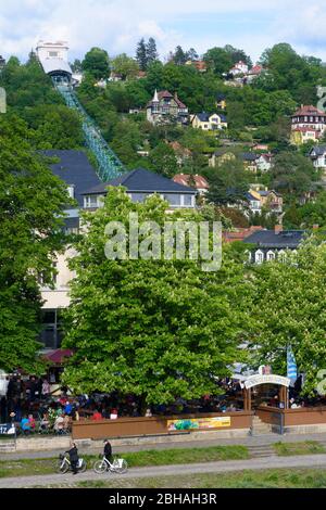 Dresden: district Loschwitz, Suspension Railway, outdoor restaurant Körnergarten, at river Elbe in Loschwitz, Sachsen, Saxony, Germany Stock Photo