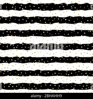 Christmas glitter seamless pattern background. Gold polka dot, foil confetti on trendy black and white stripes. Decoration for card, wallpaper Stock Vector