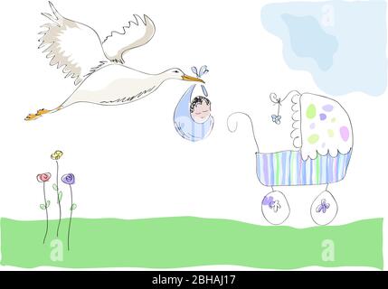 Stork carrying a baby. New birth announcement. It's a boy.  Vector illustration made by a child. Stock Vector