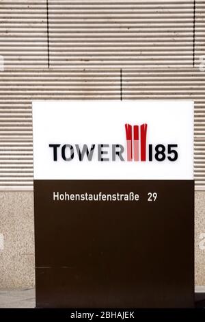 The modern entrance sign of the skyscraper Tower 185 in Frankfurt. Stock Photo