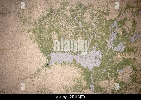 The close-up of a wall with various concrete surfaces of plaster, green algae and repair points. Stock Photo