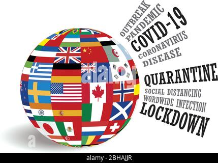 Globe of international country flags with covid-19 coronavirus pandemic awareness conceptual design vector illustration Stock Vector