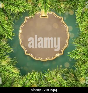 Christmas tree branches border abd label with space for text. EPS 10 Stock Vector