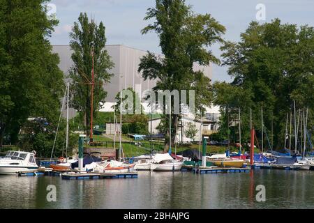 A sailboat harbor with sailboats in an inland harbor on the river Rhine. Stock Photo