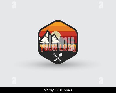 restaurant logo sunset mountain fork spoon Stock Vector