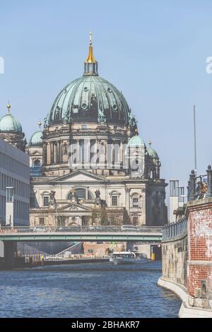 The Berlin Cathedral and the Liebknecht bridge over the river Spree in Berlin. Stock Photo