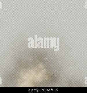 Effect beige dust or powder on transparent background. Dry soil explosion. Brown smoke particle exhale in air. EPS 10 Stock Vector