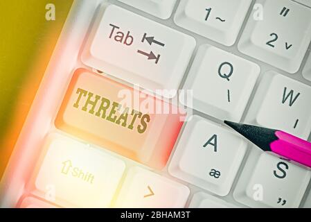 Conceptual hand writing showing Threats. Concept meaning Statement of an intention to inflict pain hostile action on someone Stock Photo