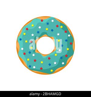 Cartoon turquoise color tasty donut isolated on white background. Glazed doughnut bakery top view for cake cafe decoration or menu design. Vector flat illustration Stock Vector