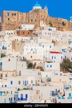 Venetian castle and the whitewashed houses of the Chora, Astypalea, Dodecanese Islands, Greece, Europe Stock Photo