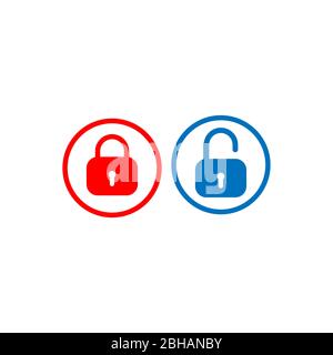 Lock and Unlock button design template. Padlock icon vector illustration with round frame. Security design element. Protection symbol isolated Stock Vector