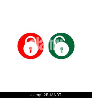 Lock Unlock flat icon vector illustration. Security design element. Padlock Protection symbol isolated on white background. Red and Green Color Stock Vector