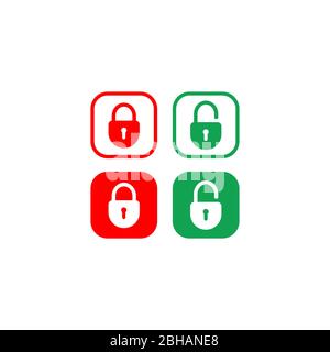 Minimal Lock Unlock button set. Padlock icon vector illustration with rounded rectangle shape. Security design element. Protection symbol isolated Stock Vector