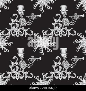 seamless pattern of a skeleton in a hat playing on a pipe and a plant on a black background. Vector image Stock Vector