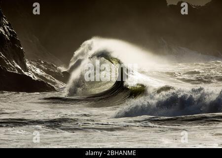 Waves crashing on seashore, Cape Disappointment State Park, Washington, USA Stock Photo