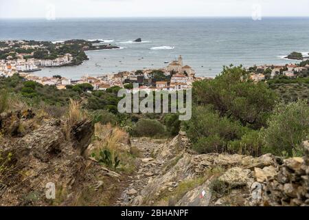 Europe, Spain, Catalonia, Costa Brava, looking down to Cadaqués descending from the Cap de Creus Natural Park Stock Photo