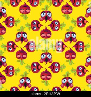 Cute seamless pattern with cartoon emoji beetroot on yellow background Stock Vector