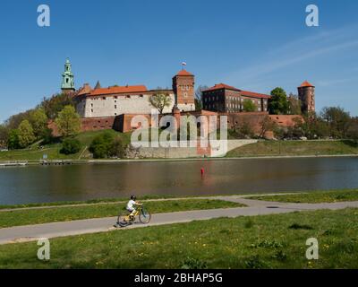 Cracow/Poland - 23/04/2020. The former Royal residence of Polish monarchy, Wawel Castle, Krakow, Poland. Spring time, view from the Vistula river boul Stock Photo