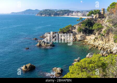 Europe, Spain, Catalonia, Costa Brava, View of the beach of Lloret de Mar on the Costa Brava Stock Photo