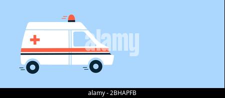 Modern vector illustration in flat cartoon style isolated on a blue background. White ambulance car with red siren light. Medical vehicle. Emergency Stock Vector