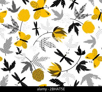 Yellow wild flower and butterflies. dragonfly pattern on white background. Summer floral circle border. Vector illustration patch work for wrapper Stock Vector