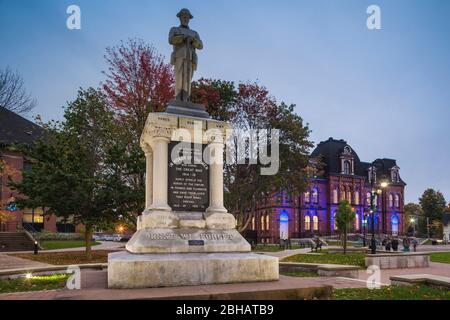 Canada, Nova Scotia, Truro, Truro Library and War Memorial Monument, dusk Stock Photo