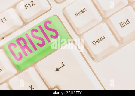 Writing note showing Crisis. Business concept for time when difficult or important decision must be made danger Stock Photo