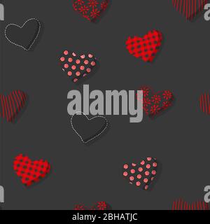 Seamless romantic trendy minimal black vector pattern with handmade textile hearts. Stock Vector