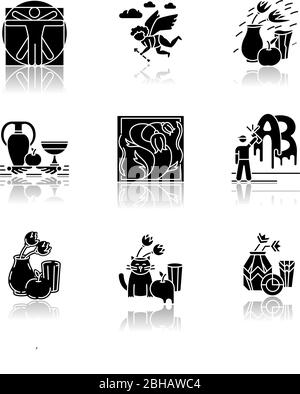 Art movements drop shadow black glyph icons set Stock Vector
