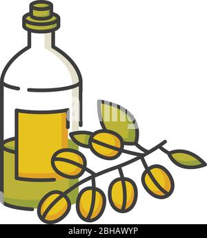 Jojoba oil RGB color icon. Organic extract from raw nuts. Liquid product in jar container for haircare. Natural cosmetic for nourishing hair treatment Stock Vector