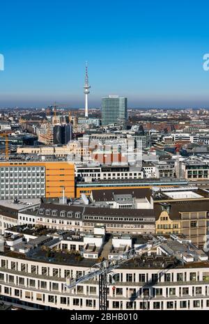 Germany, Hamburg, view from the tower of the church ruin St. Nikolai to the Heinrich Hertz tower, the 279.2 m high television tower, which Hamburg also call Telemichel. Stock Photo