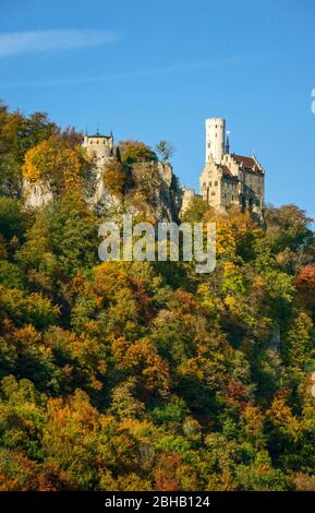 Germany, Baden-Württemberg, Lichtenstein - Honau, Lichtenstein Castle, the fairytale castle of the dukes, counts of Württemberg and Urach built on steep rock in the 19th century is a popular destination. Stock Photo