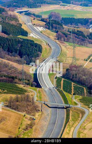 Aerial view of the A46 highway near Nuttlar and the new A46 Nuttlar highway bridge in Bestwig, Sauerland, North Rhine-Westphalia, Germany. Stock Photo