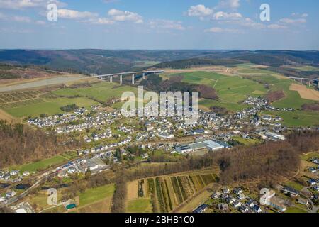 Aerial view of the A46 highway near Nuttlar and the new A46 Nuttlar highway bridge in Bestwig, Sauerland, North Rhine-Westphalia, Germany. Stock Photo