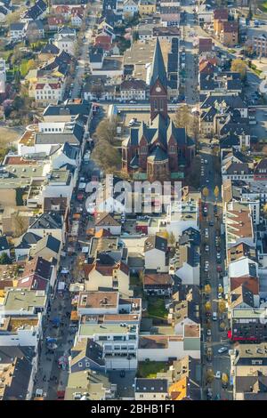 Aerial view of the main street, Apothekerstrasse, and the parish church of St. John Baptist, Neheim, Arnsberg, Sauerland, North Rhine-Westphalia, Germany. Stock Photo