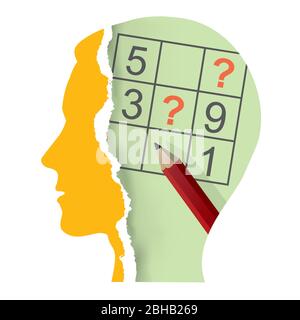 Male head with sudoku and Pencil. Illustration of Stylized torn paper male head silhouette with sudoku and pencil. Vector available. Stock Vector