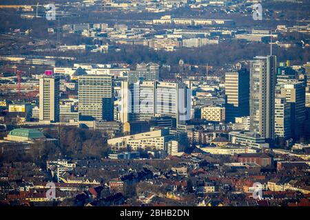 Aerial view, Skyline with RWE Tower, Aalto Music theatre and Philharmonic, Essen, North Rhine-Westphalia, Germany Stock Photo