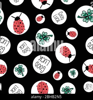Ladybug, clover, Good Luck in white circles on black seamless vector background. Repeating hand drawn fortune charms on a polka dot pattern. Use for Stock Vector