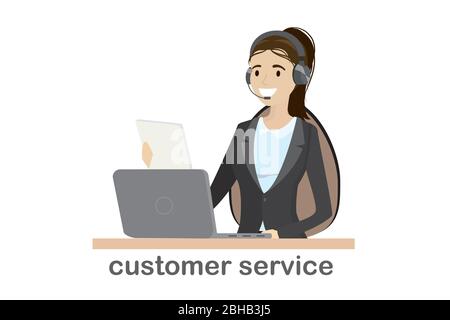 online customer service concept,caucasian female behind a desk,isolated on white background,cartoon vector illustration Stock Vector