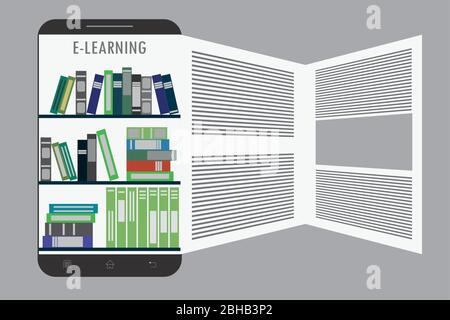 Smartphone with book application on screen,library on the screen of smart device, educational concept,cartoon vector illustration Stock Vector