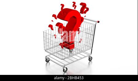 Shopping cart and question marks - 3D illustration Stock Photo