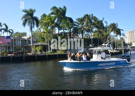 Views from a water taxi trip taking in Fort Lauderdale's Intracoastal Waterway, a canal system featuring luxury real estate such as Millionaire's Row. Stock Photo
