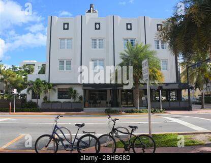 The Beach Plaza Hotel, Collins Ave. The world's largest collection of Art Deco architecture is in South Beach, part of Miami Beach, Florida, USA. Stock Photo