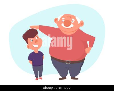 child w receives praise from his grandfather. Father stroked hos son head or measure his height. cartoon vector illustration Stock Vector